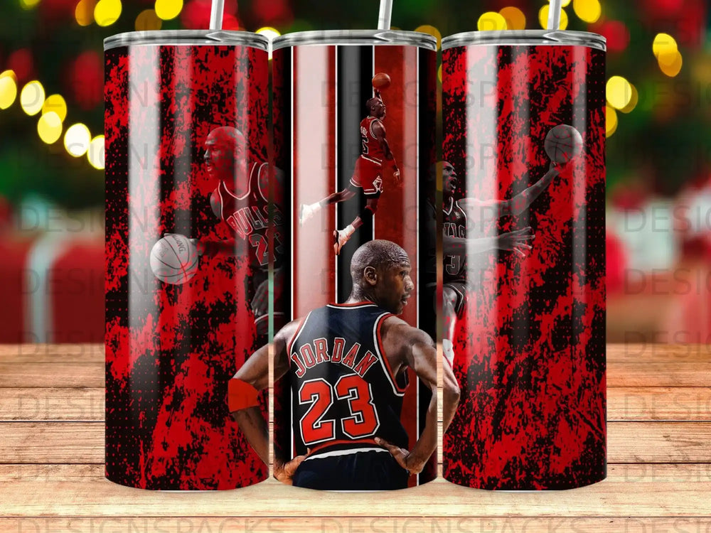Michael Jordan jumping and holding a basketball, with a black and red grunge background.