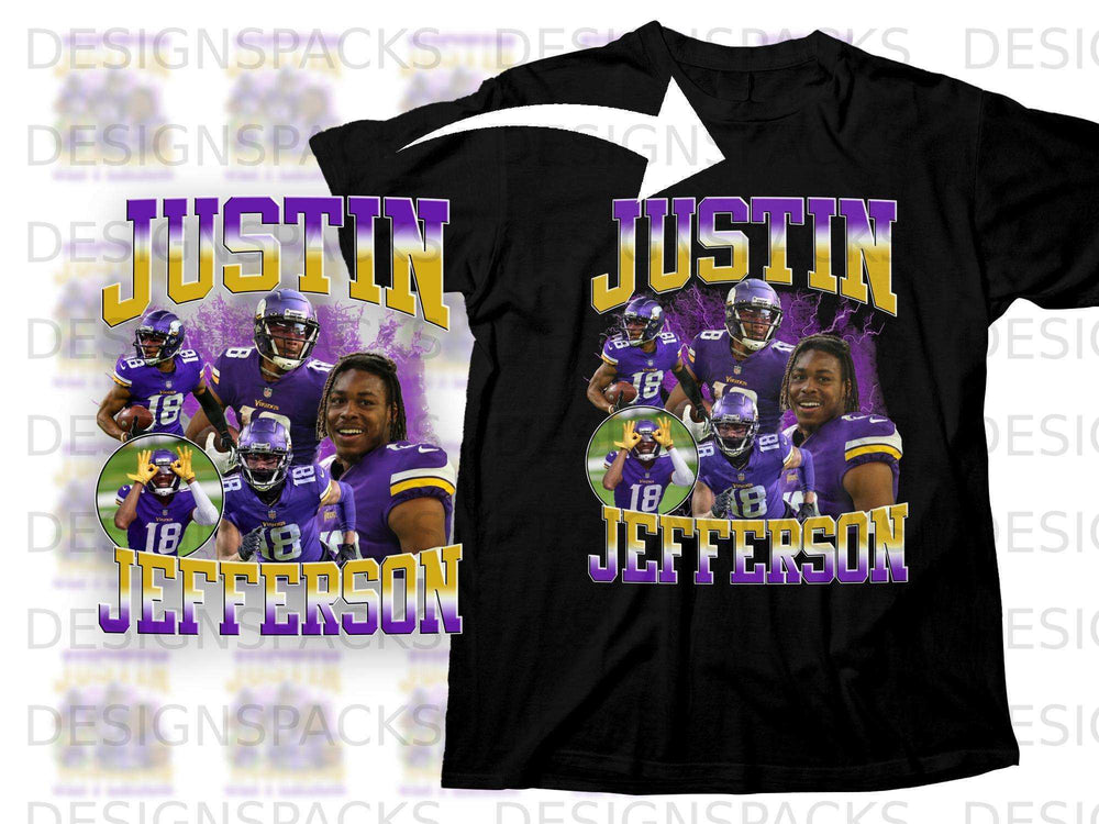 T-shirt design featuring Justin Jefferson of the Vikings with text.