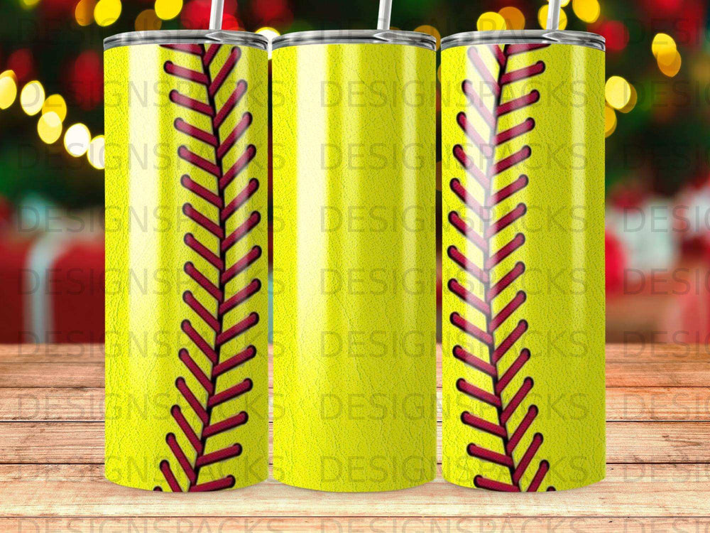 Yellow tumbler with softball stitch pattern and repeating "DESIGNS" watermark.