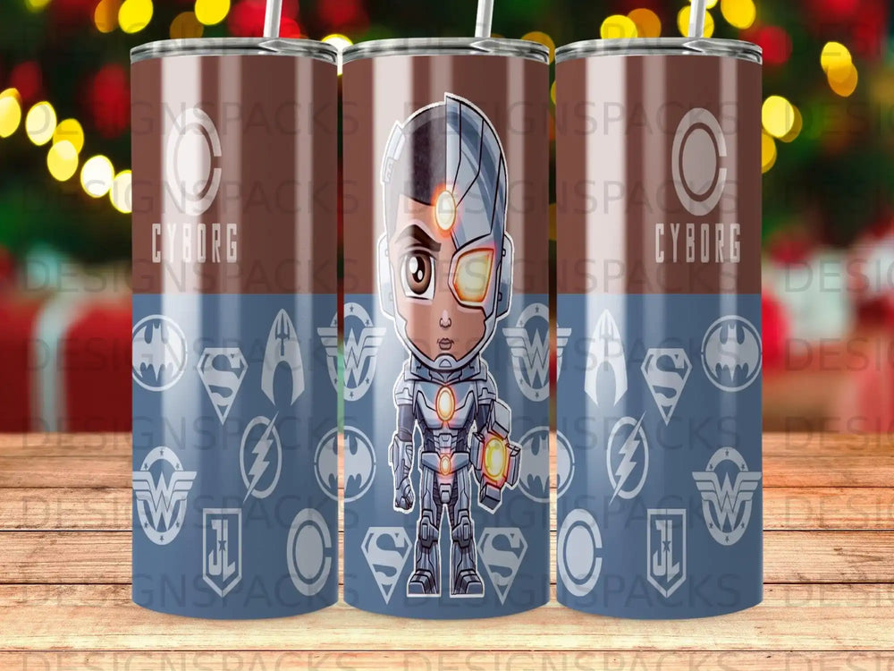 Cyborg illustration on a colorful tumbler with repeating design elements.