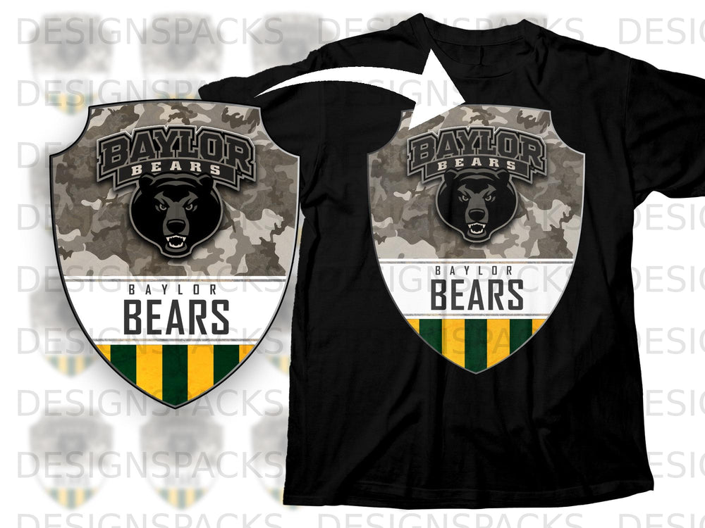 Baylor Bears logo with camouflage, bear head, and green and gold stripes on a black t-shirt.