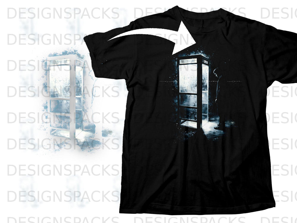 Black t-shirt featuring a graphic of a silhouette in a telephone booth.