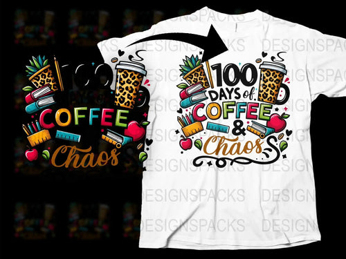 Coffee and Chaos T-Shirt, 100 Days of School Teacher Shirt, Fun Graphic Tee with Leopard Print, Vibrant Colors