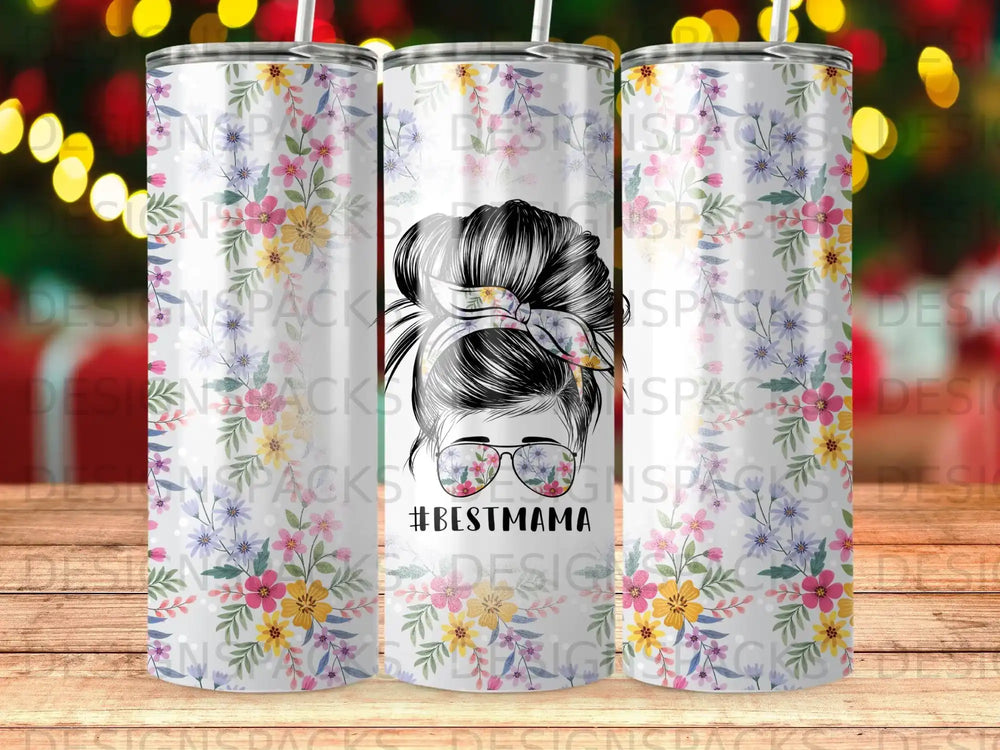 Tumbler with floral pattern and #BESTMAMA text.