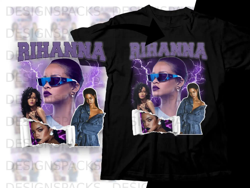 Black t-shirt featuring Rihanna with lightning bolt graphic and distressed text.