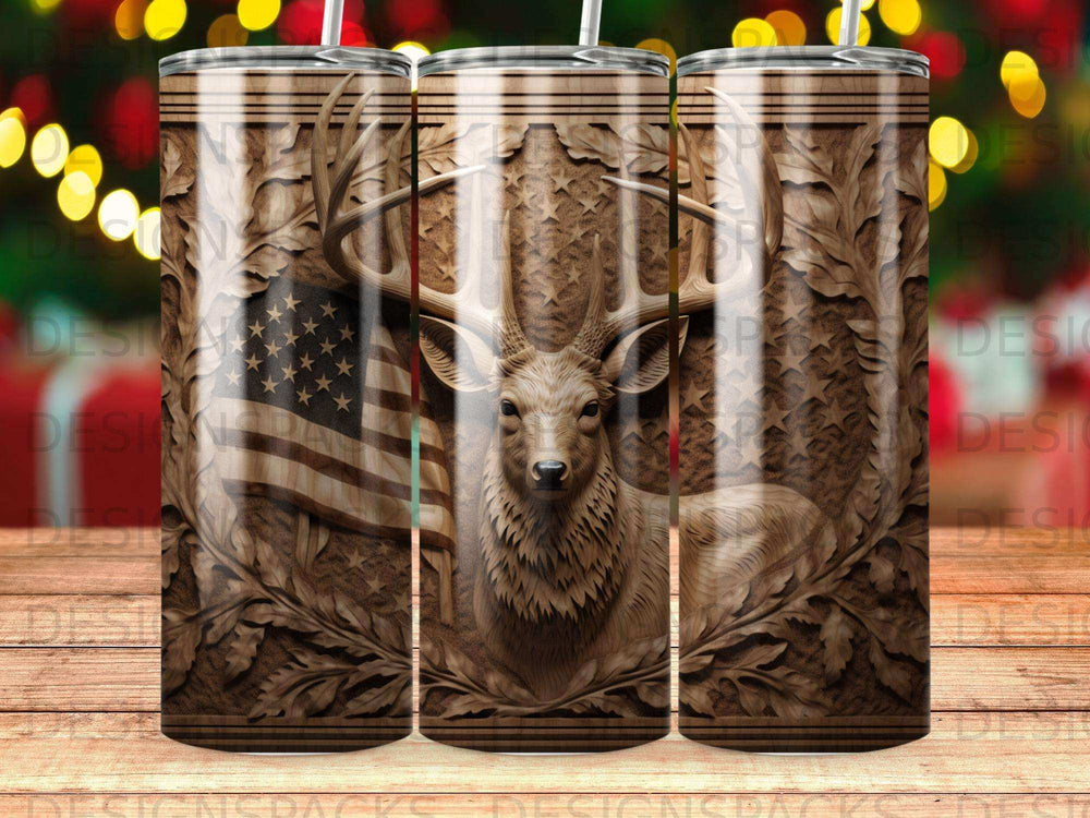 Carved wood tumbler with deer, American flag, and forest motifs.