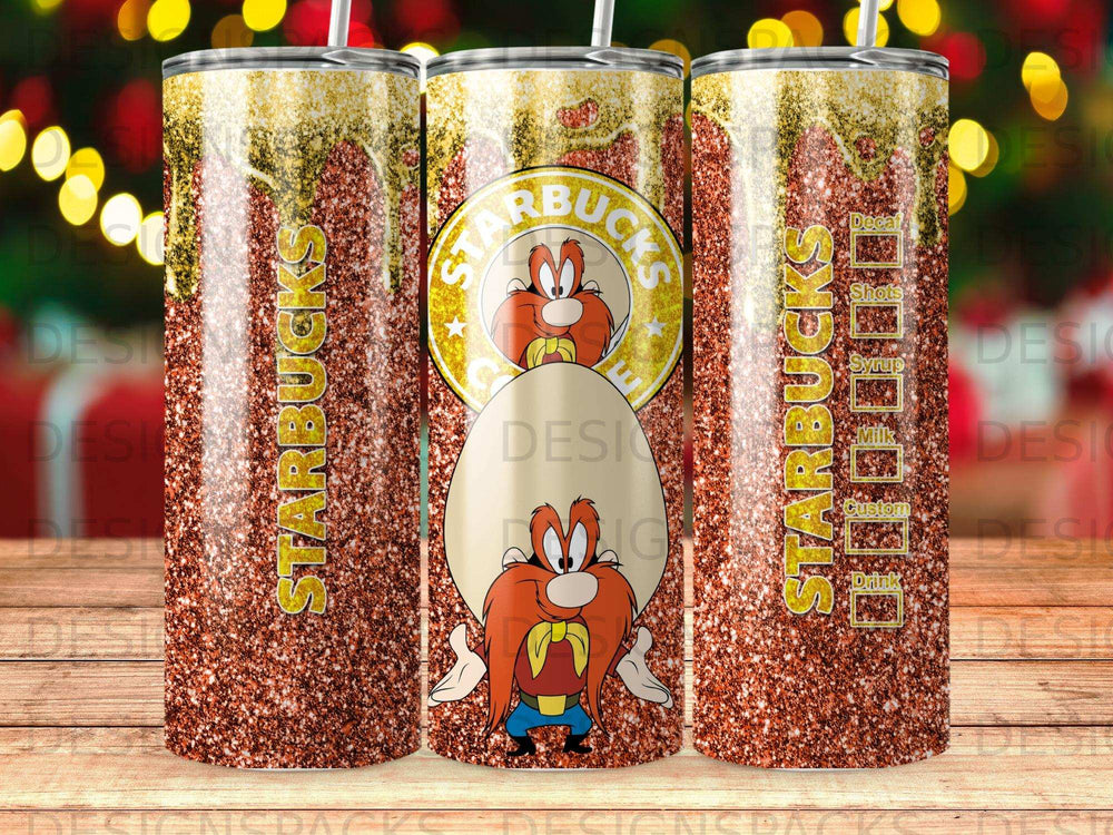 Starbucks tumbler with Yosemite Sam character and glitter design.
