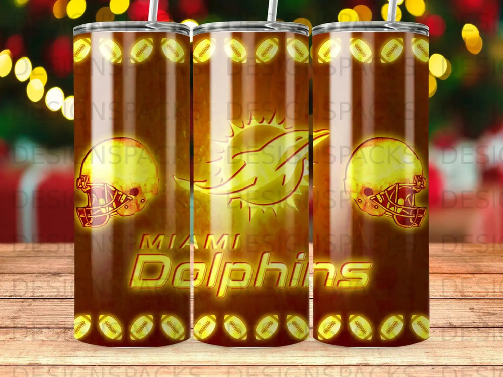 Miami Dolphins helmet and logo on a patterned tumbler.