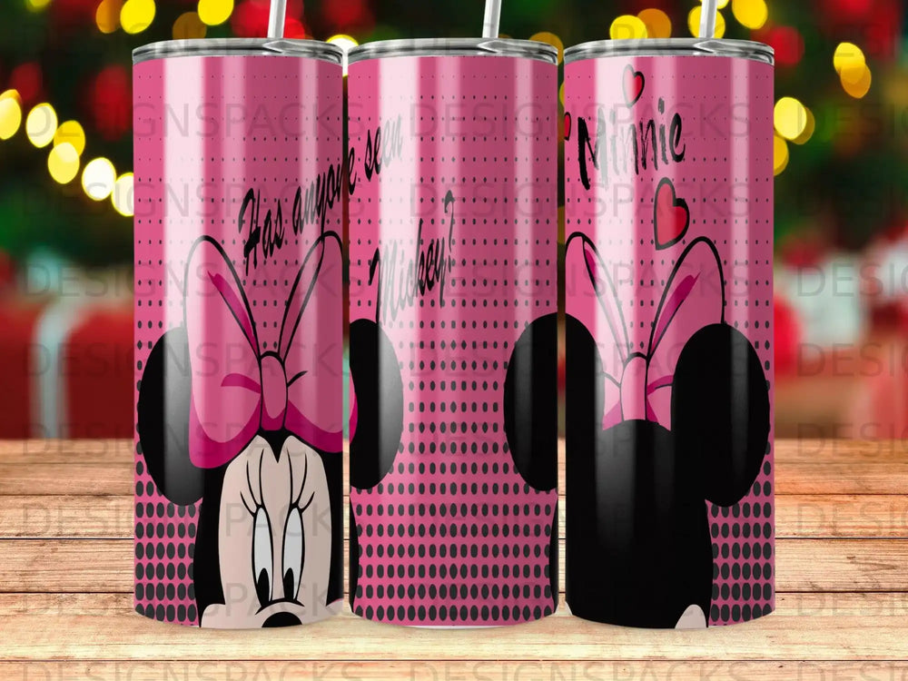 Minnie Mouse tumbler with pink polka dots and bow.