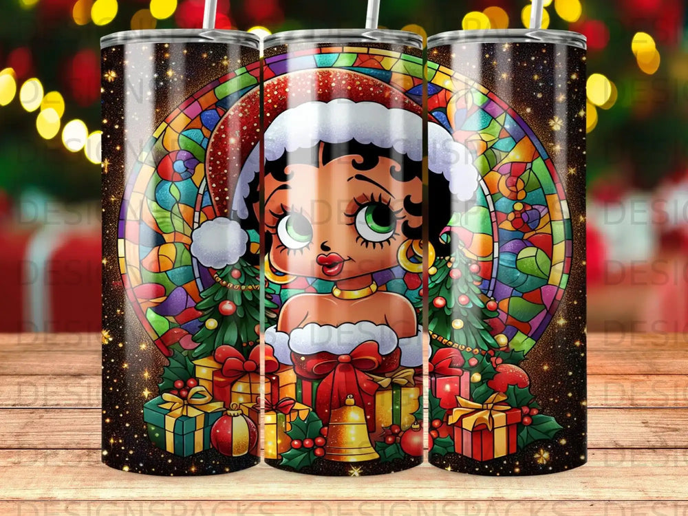 Betty Boop in Santa hat with Christmas trees and gifts.