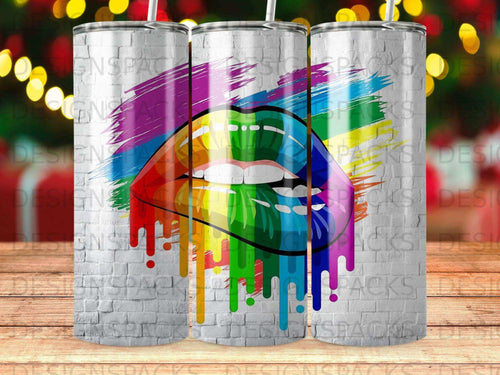 Rainbow dripping lips design on a white brick background.