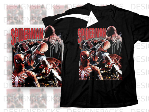 Black t-shirt with Spiderman collage print.