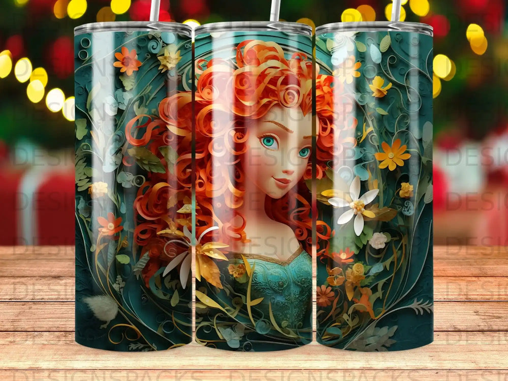 Merida from Brave with floral accents on a blue patterned tumbler.
