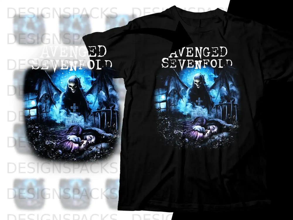 Avenged Sevenfold black t-shirt with "Forever" tombstone and winged skeleton graphic.