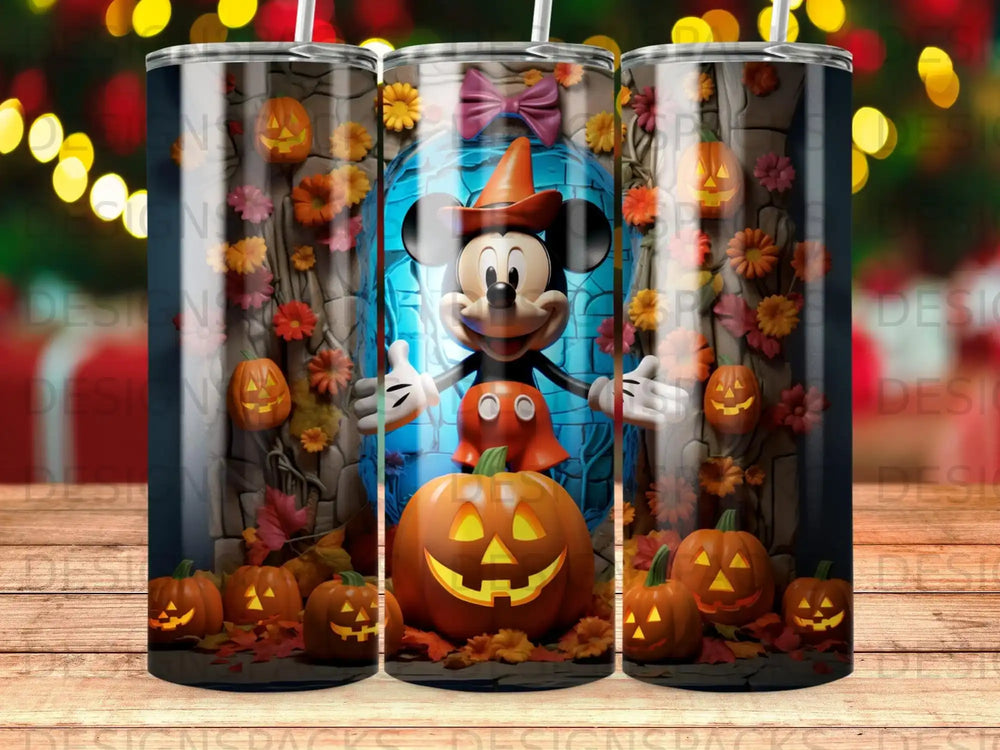 Mickey Mouse with pumpkins and fall foliage.