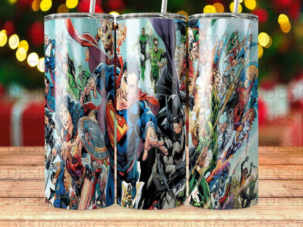Superhero collage featuring Superman, Batman, Wonder Woman, and other DC Comics characters.