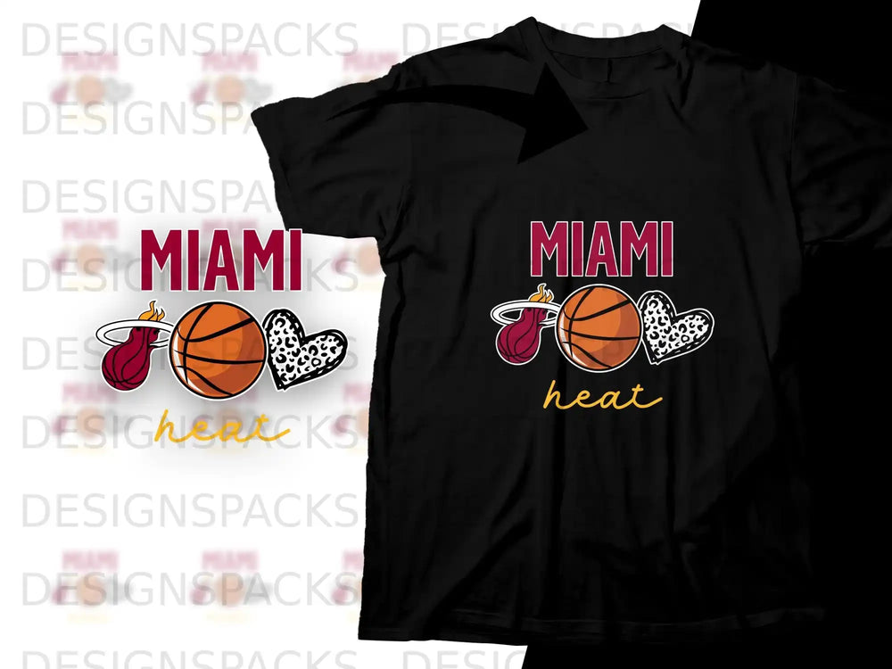 Miami Heat basketball and heart graphic on black t-shirt.
