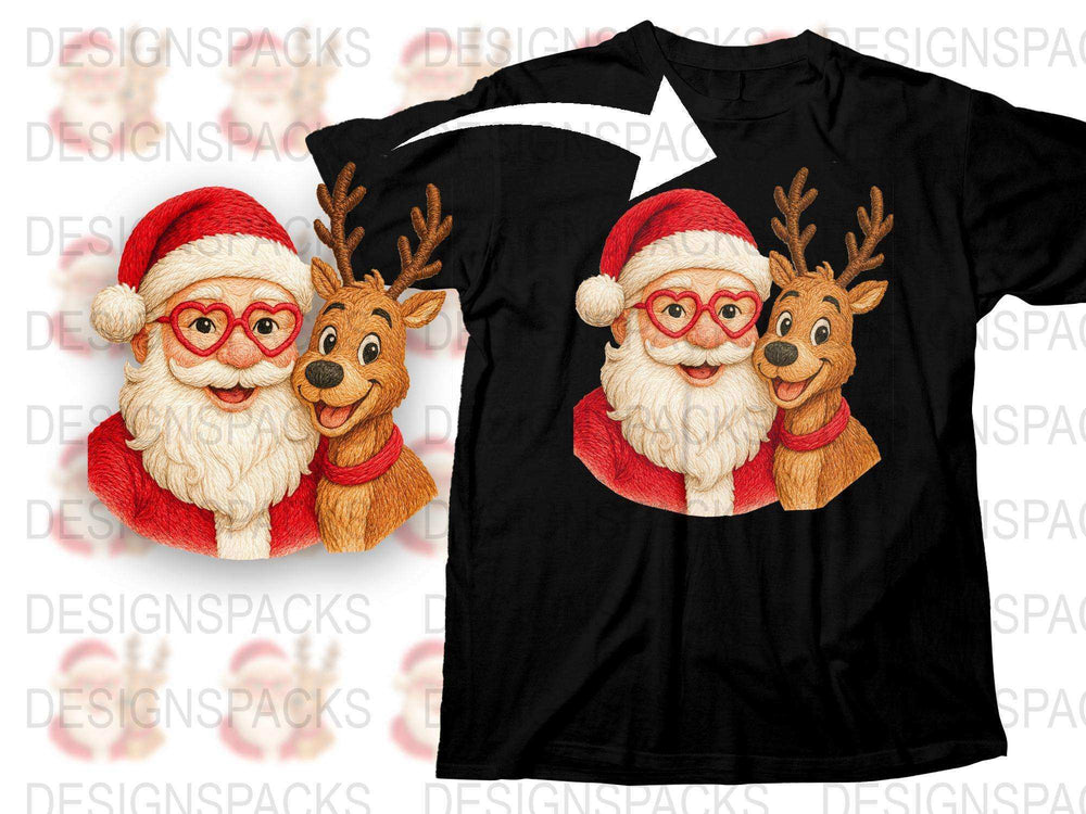 Festive Holiday Santa and Reindeer Graphic T-Shirt, Christmas Party Outfit, Casual Winter Apparel, Cute Seasonal Tee Design