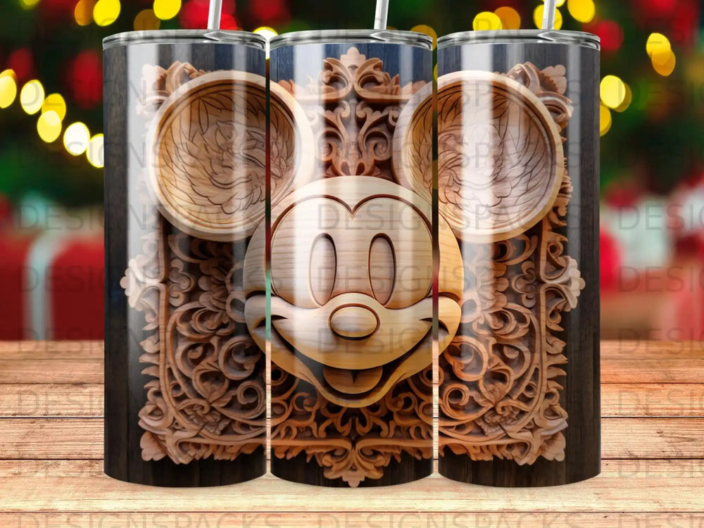 Carved wooden Mickey Mouse head on a tumbler with a bokeh background.