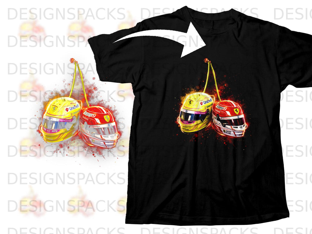 Black t-shirt with graphic of two racing helmets suspended by strings.