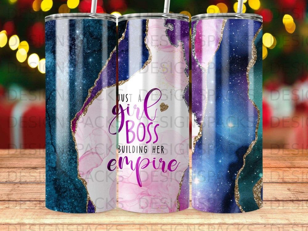Tumbler with "Just a girl boss building her empire" text and galaxy design.