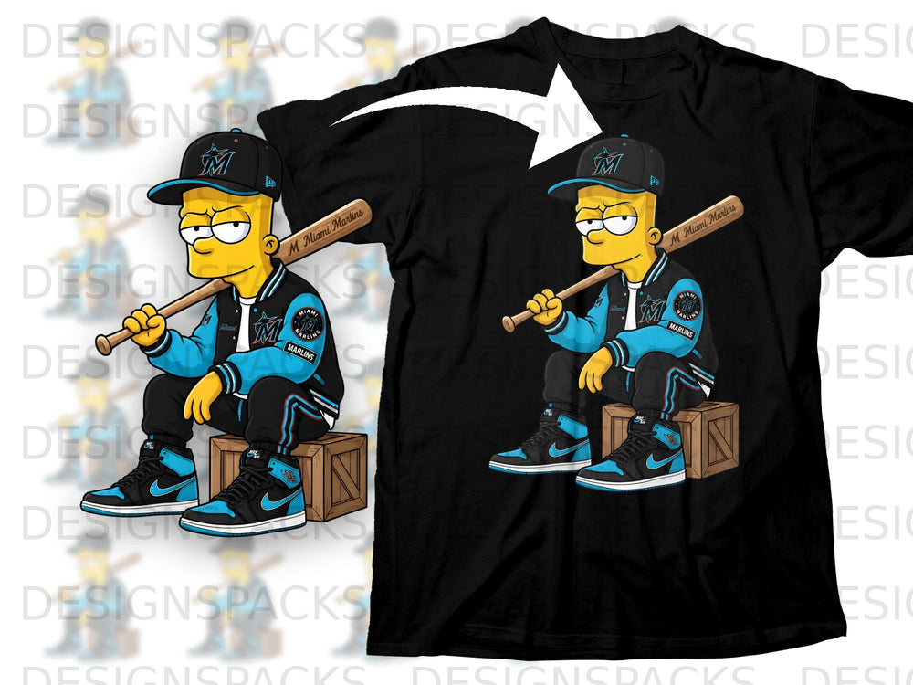 Bart Simpson graphic on black t-shirt wearing Miami Marlins cap, jacket, and holding a baseball bat.