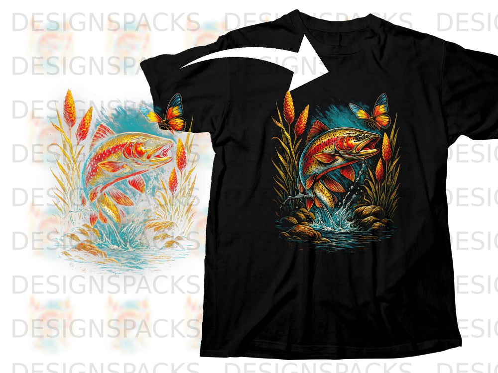 Black t-shirt featuring a leaping rainbow trout with butterflies among reeds.
