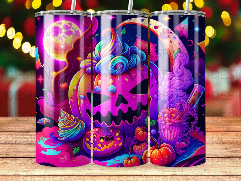 Halloween pumpkin and spooky treats tumbler design with colorful whimsical elements.