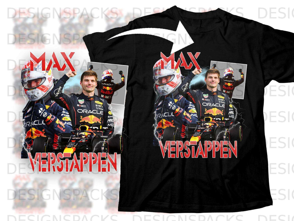 Black t-shirt featuring Max Verstappen and Red Bull racing graphics with "VERSTAPPEN" text.