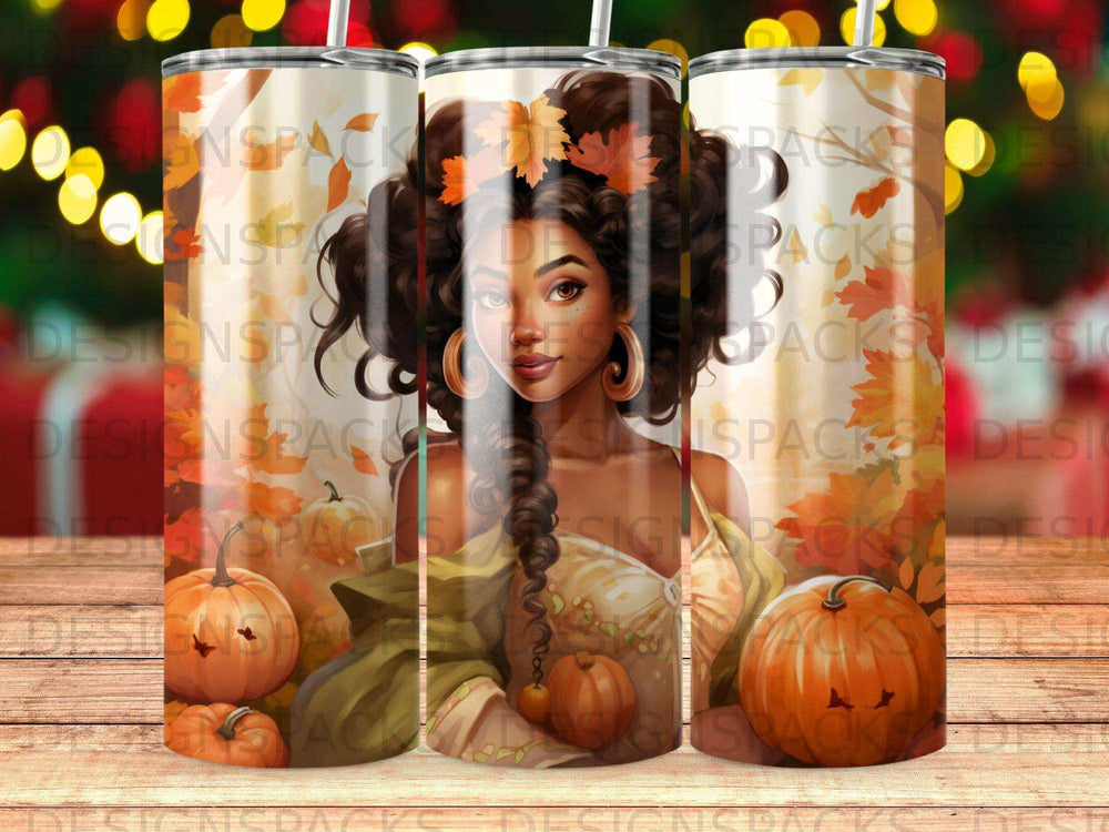 Woman with autumn leaves in hair and pumpkins, festive fall theme.