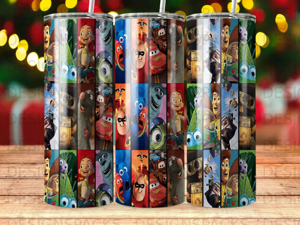 Collage of animated movie characters on a tumbler, including Buzz Lightyear and Lightning McQueen.