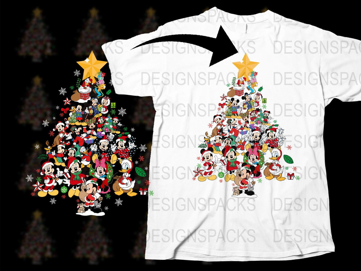 Festive Holiday T-Shirt with Colorful Christmas Tree and Cartoon Characters Design