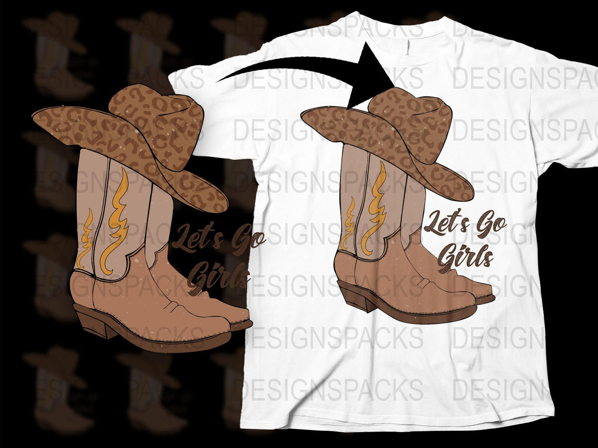 Let's Go Girls Cowboy Boots Graphic T-Shirt, Western Style Tee, Country Music Festival Apparel, Brown and White