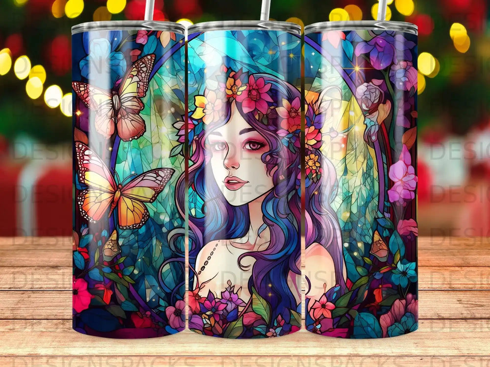 Woman with flowing hair and flowers, surrounded by butterflies and colorful foliage.