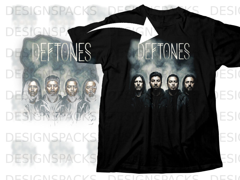 Black t-shirt with "Deftones" logo and band members graphic on front.