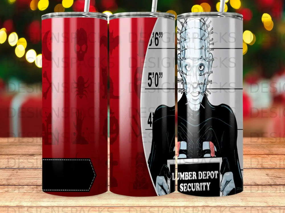 Pinhead from Hellraiser on a tumbler with "Lumber Depot Security" text.