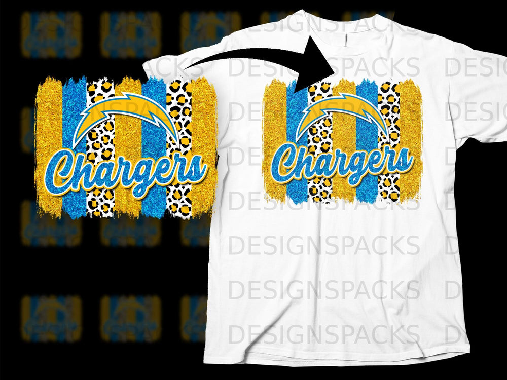 White t-shirt with blue and gold striped leopard print "Chargers" graphic.