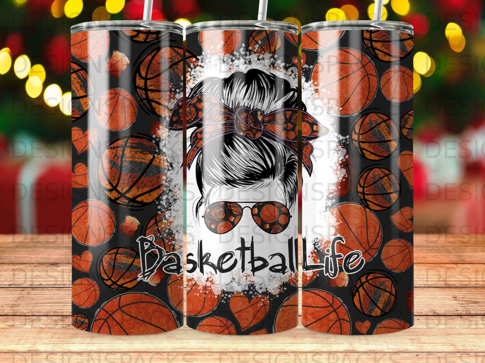 Tumbler with basketball pattern, messy bun, and "Basketball Life" text.