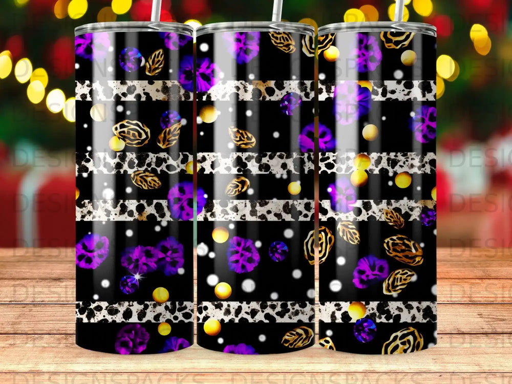 Tumbler with purple floral and animal print patterns on black background.