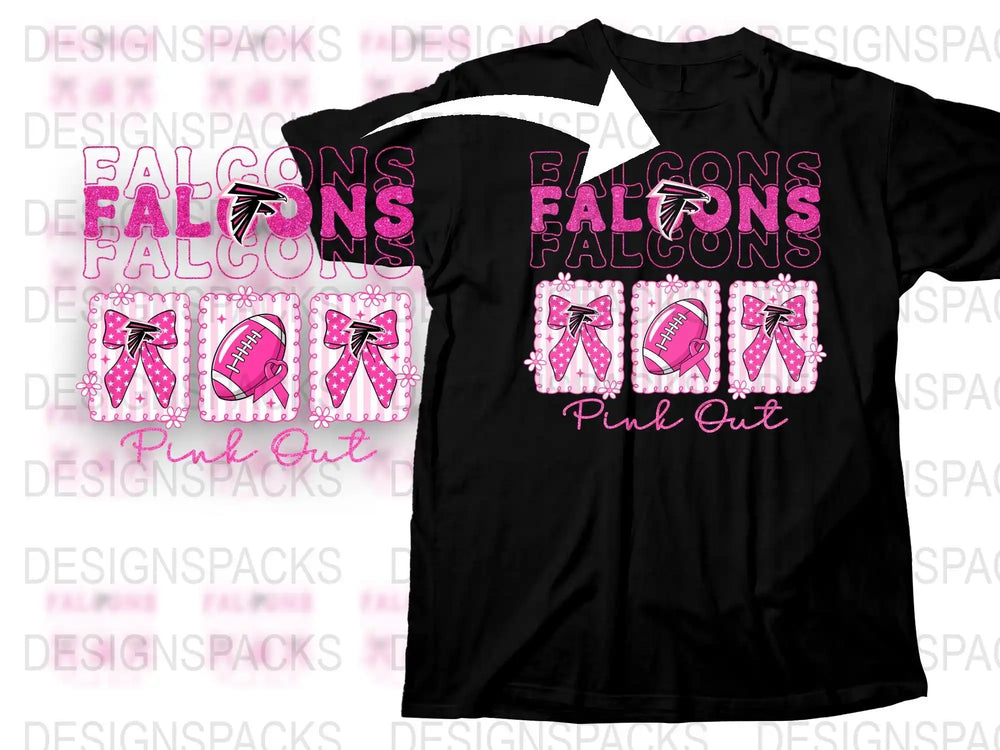 Falcons Pink Out T-Shirt, Breast Cancer Awareness, Sparkling Rhinestone Design, Black Tee with Pink Graphics, Sporty School Spirit Wear