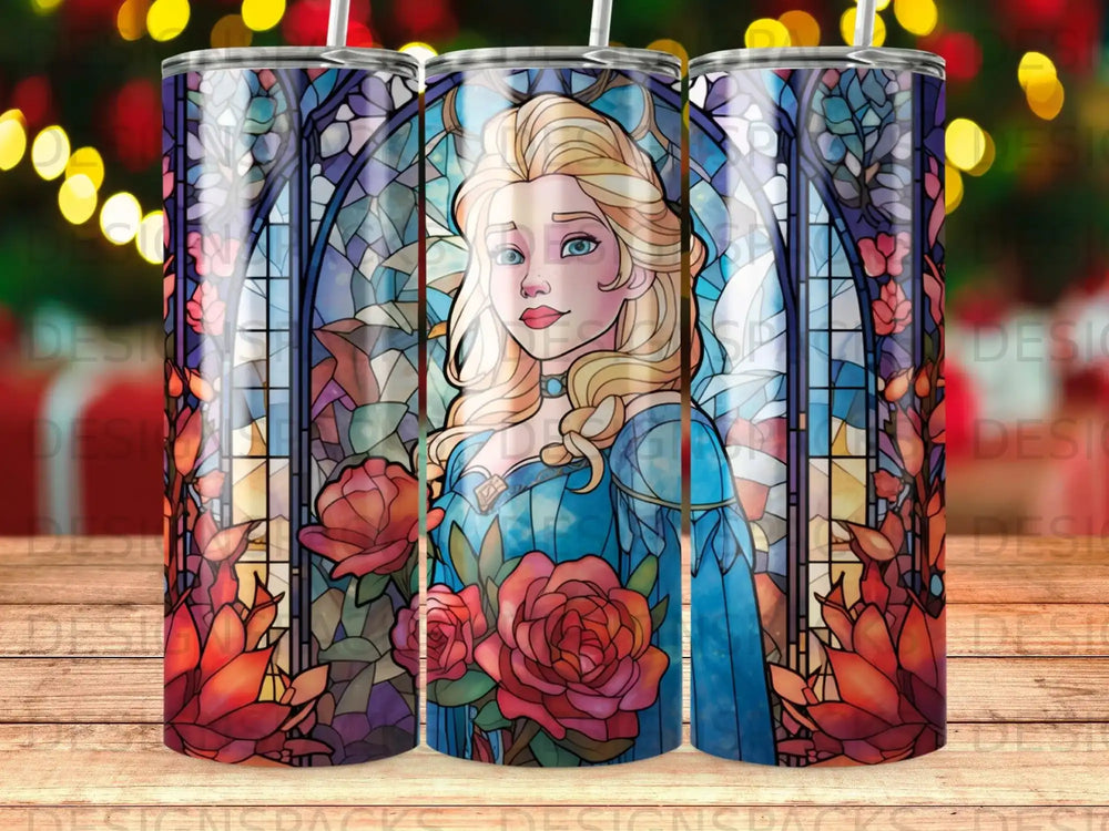 Elsa from Frozen with roses in stained glass pattern on a tumbler.