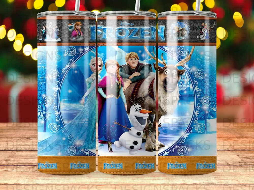 Frozen characters Elsa, Anna, Kristoff, Sven, and Olaf on a tumbler.