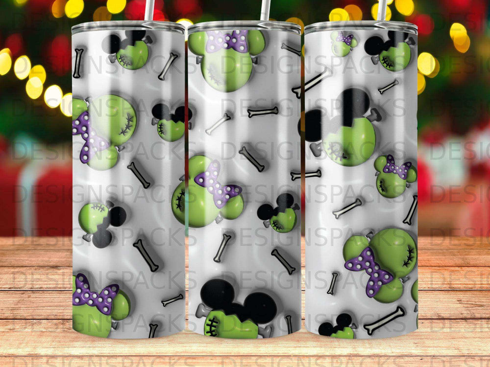 Three tumblers with a Halloween Mickey Mouse design featuring bones and bows.