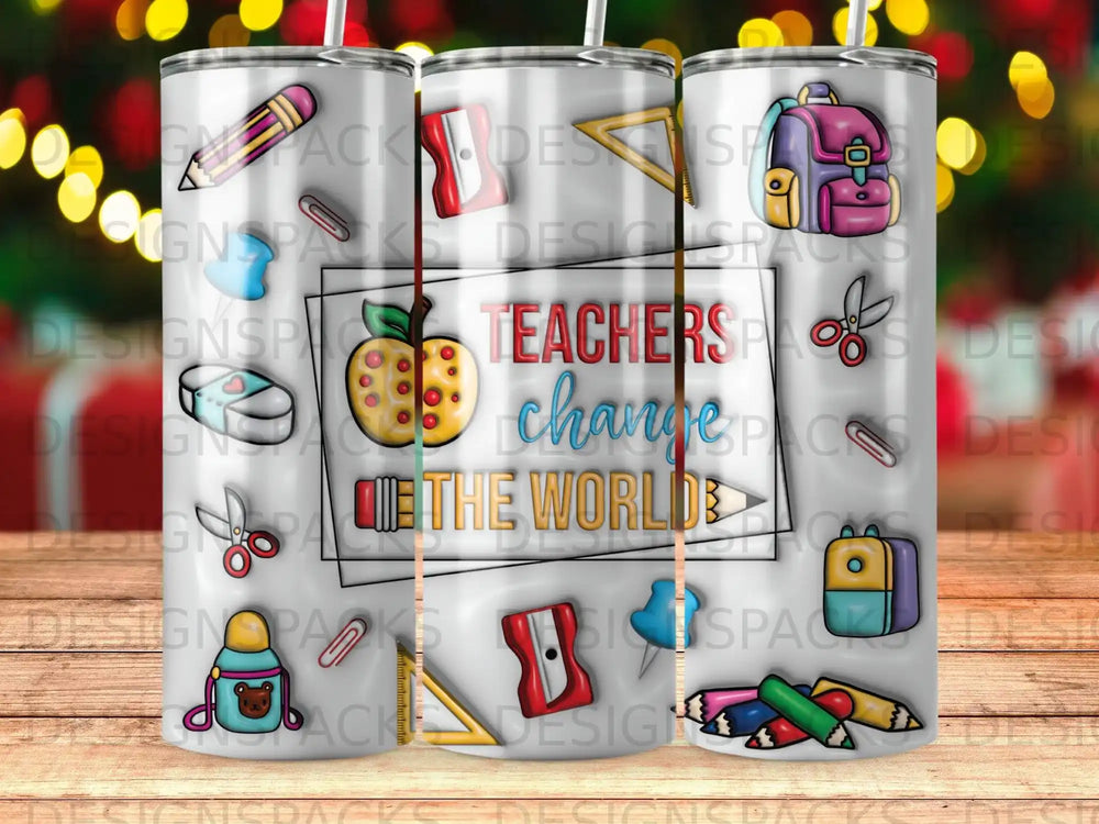 Tumbler with colorful school supplies and "Teachers change the world" text.