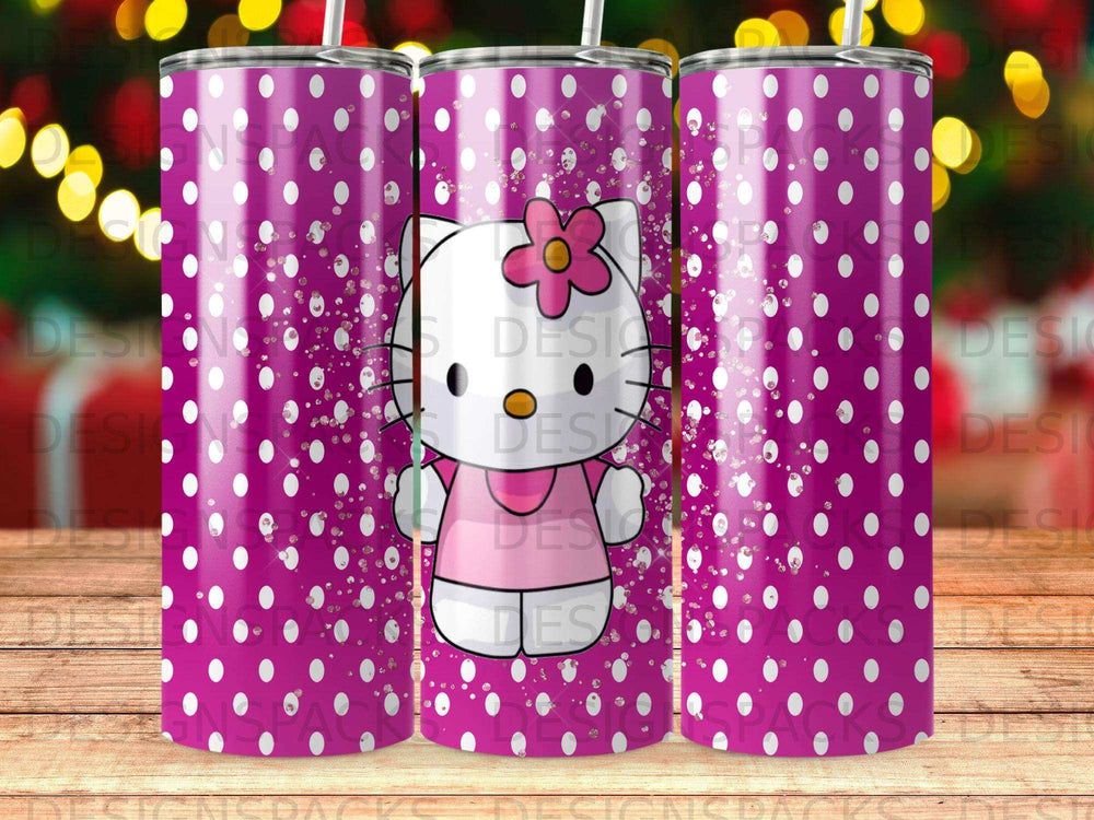 Pink tumbler with white polka dots and a Hello Kitty illustration.