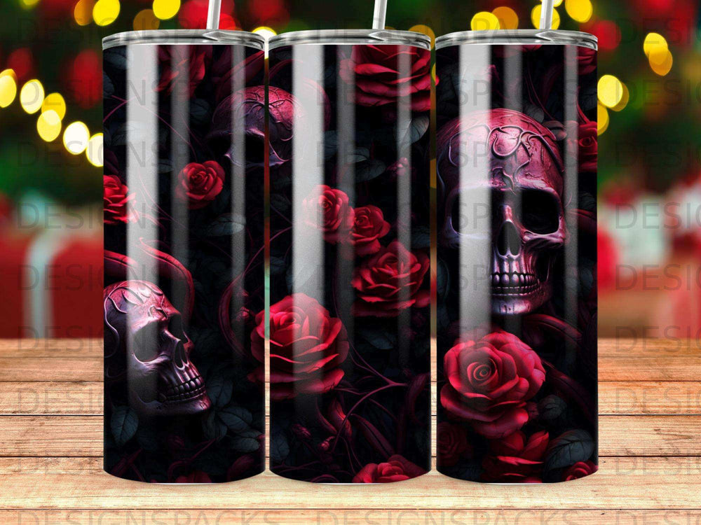 Dark skull and red roses pattern on a tumbler.