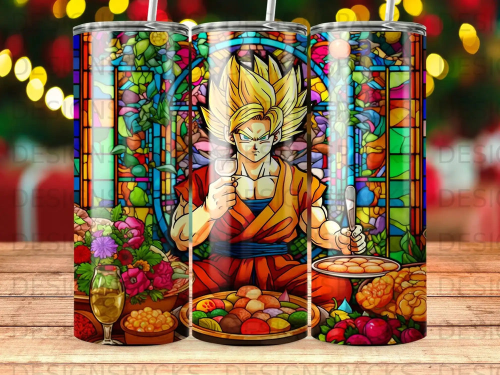Goku holding wine and food with stained glass background.