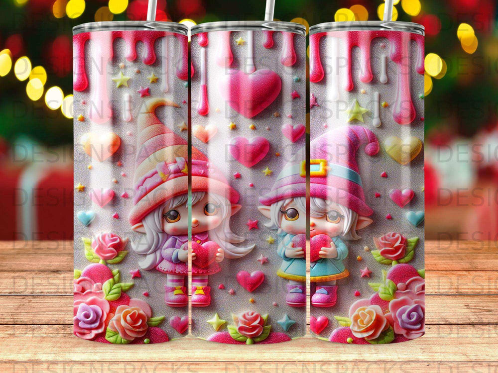 Pink and blue gnomes holding hearts with floral accents and glitter.