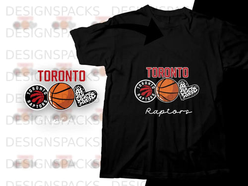 Black t-shirt with Toronto Raptors logo, basketball, and heart graphic.