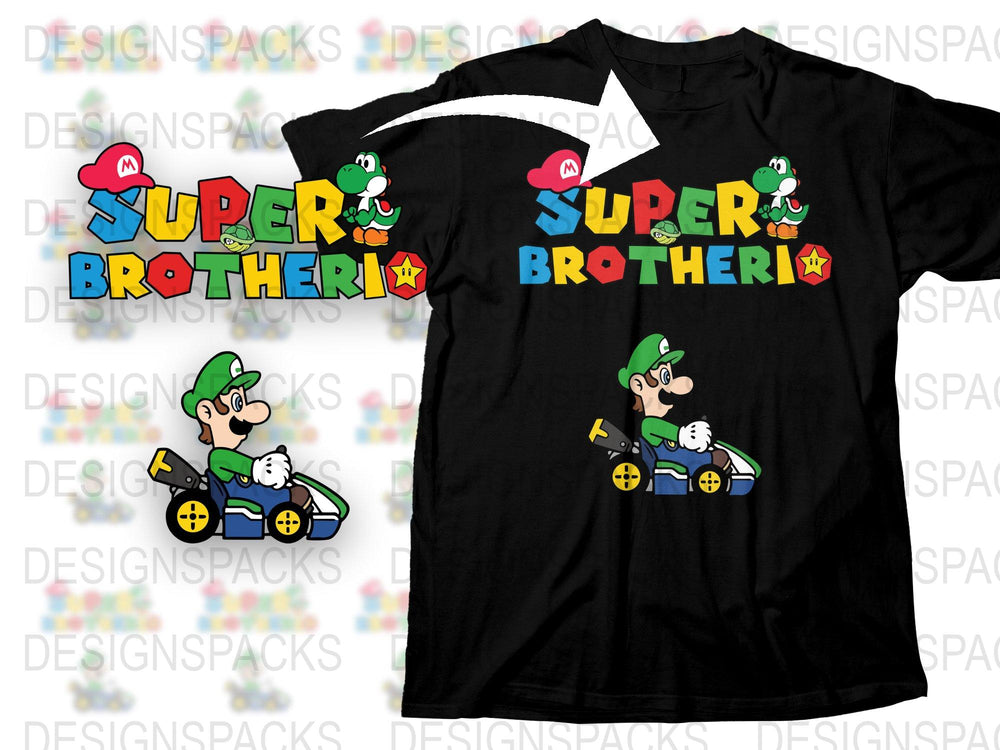 Super Brother Luigi Kart Racing Video Game Inspired Black T-Shirt, Fun Gamer Apparel, Gift for Gamers